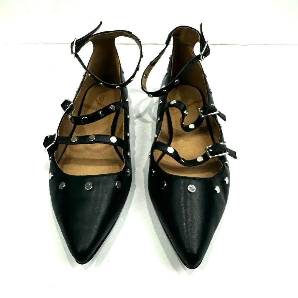 Topshop Women's Black Silver Studded Pointy Toe Strappy Flats Sz 5/38